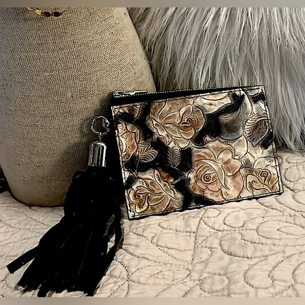 Snakeskin Embossed Studded Floral Zipper Suede Fringe Handle Pouch Card Holder